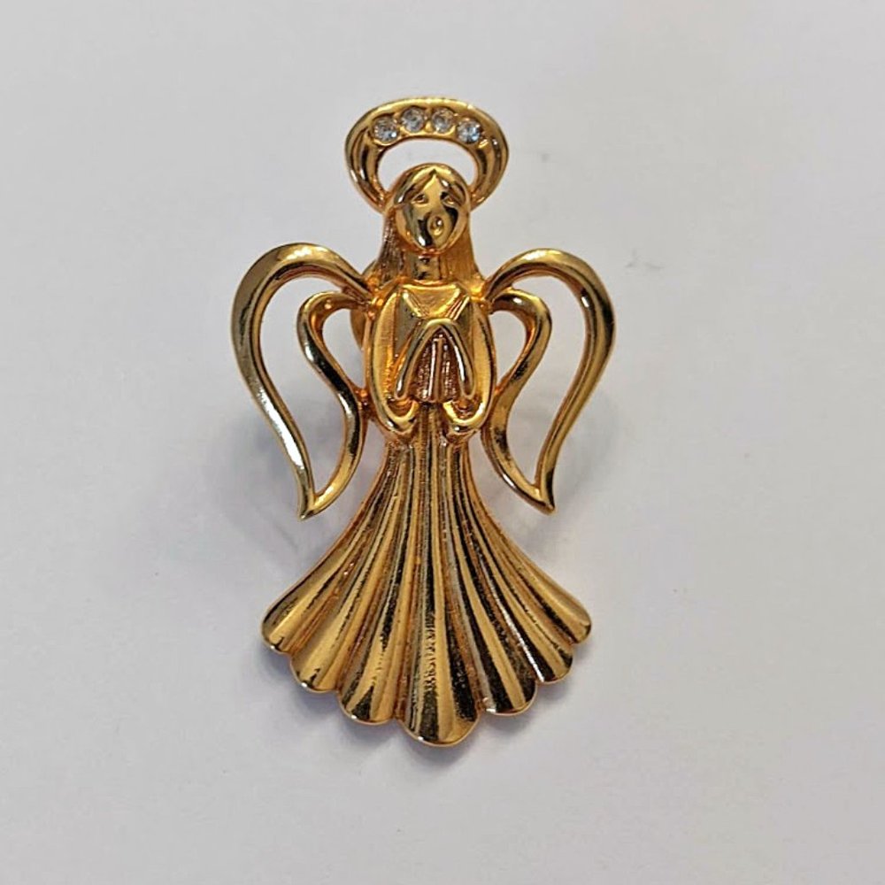 Vintage Avon 1992 "Heavenly Angel" Gold Tone Rhinestone Angel Brooch Pin
